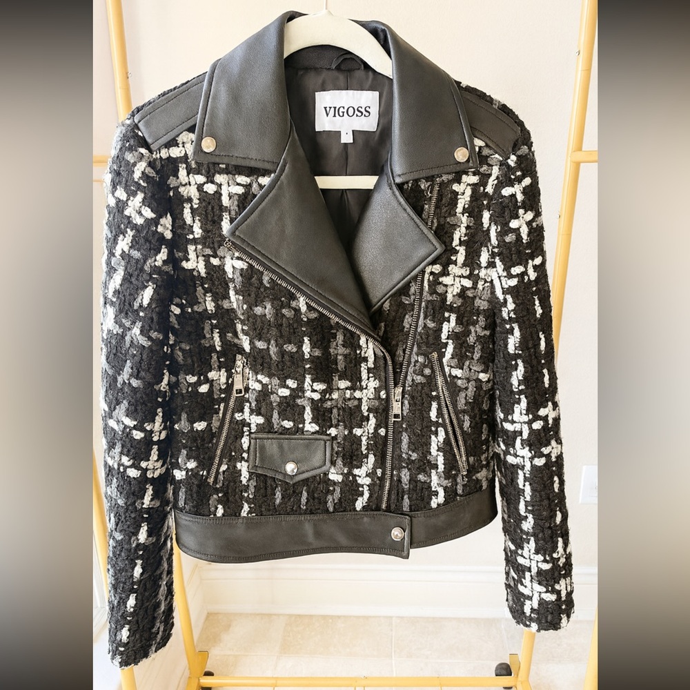 VIGOSS Black & White Bouclé Moto Jacket – Size S